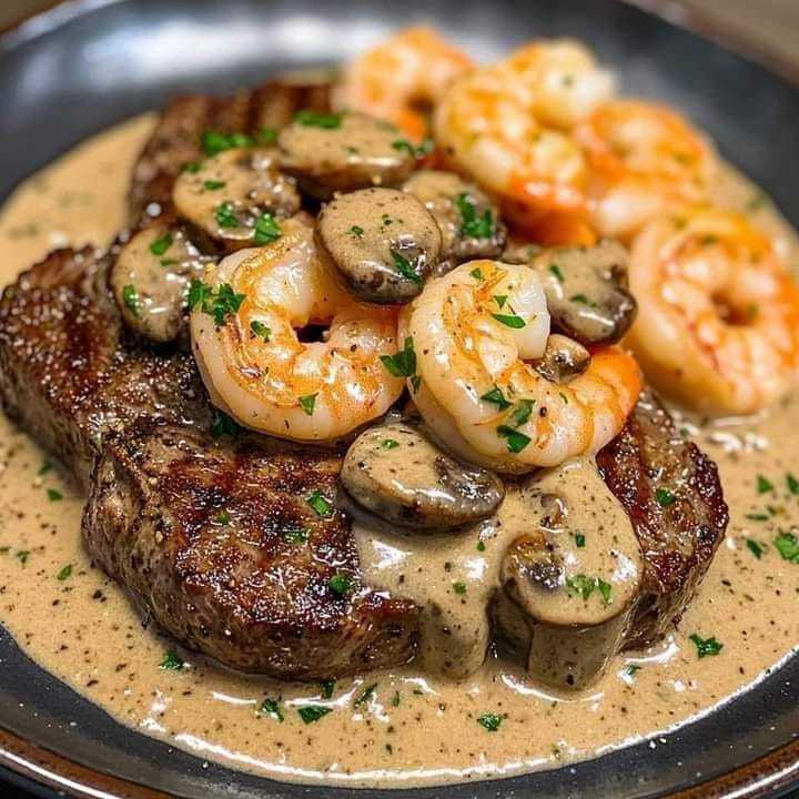 STEAK ET CREVETTES AVEC SAUCE CRÈME AUX CHAMPIGNONS STEAK ET CREVETTES AVEC SAUCE CRÈME AUX CHAMPIGNONS